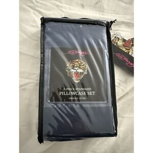 Ed Hardy Standard Pillowcase Set 2 Pc Navy Blue Embossed Tiger Logo NWT